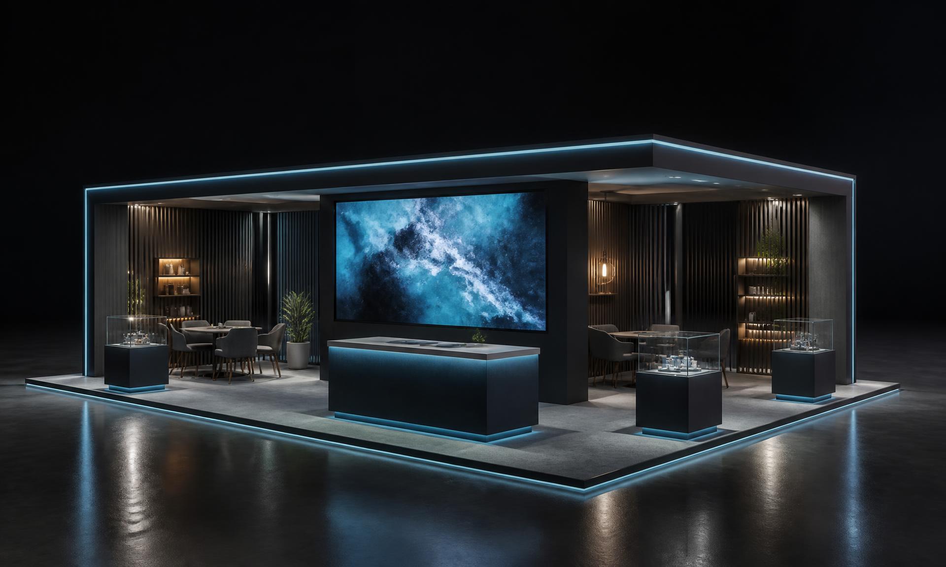 Architectural visualization of a three-side-open exhibition booth